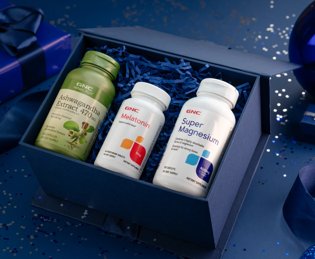 Restful: composición navideña original con GNC Ashwagandha Extract, GNC Melatonin, GNC Super Magnesium